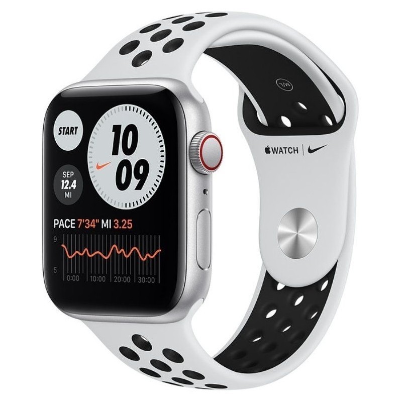 Apple Watch SE  Nike  GPS  Celular  44 mm  Caixa de Alumínio em Prateado   Correia Desportiva Nike Preto Platina